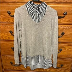 Gray V-Neck Sweater with Striped Shirt Layer